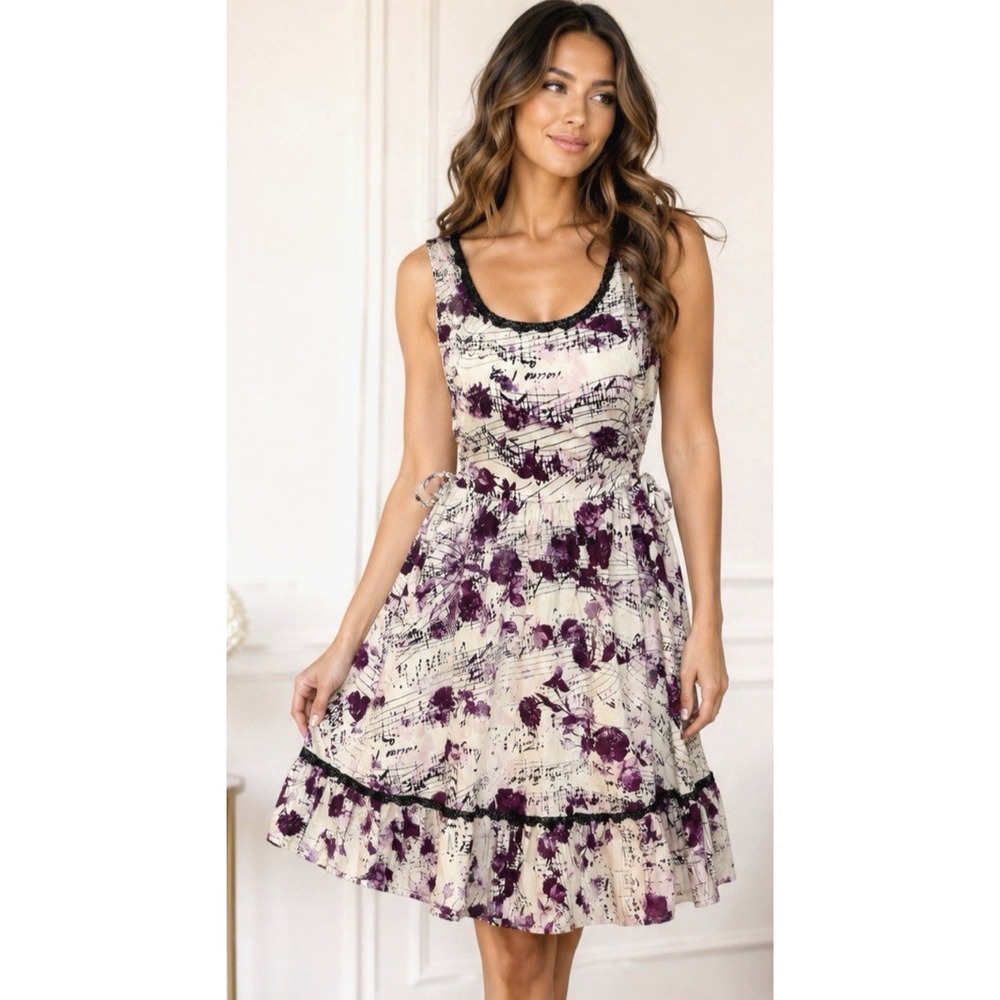 Hot Topic Sheet Music Dress Purple Roses Tiered Size S Whimsigoth Fairy Grunge
